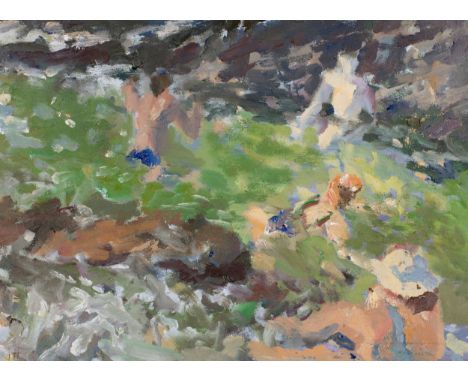 John Harvey (British, b.1935), Oil Sketch, Summer Bathers, West Cornwall, oil on board, signed with initials lower left and s