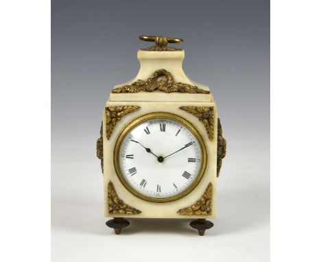 A French white marble and gilt metal table clock, late 19th / early 20th century, the white Roman enamel dial fronting a sing