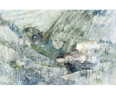 Frederick Donald Blake RI, RSMA (Scottish, 1908-1997), Mountain Village, watercolour and pen &amp; ink on clay coated paper, 