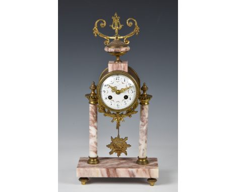 A French marble and gilt portico clock early 20th century, signed by Jersey retailer to dial, with urn surmount over the gilt