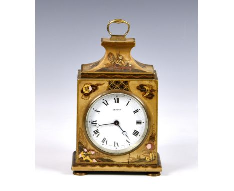 A Zenith chinoiserie lacquered table clock, 1920s, the signed, Roman enamel dial fronting an engine turned single train movem