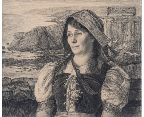 Alfred Moitroux (Belgian, 1886-1938), Portrait of a Woman in traditional Flemish dress in a Coastal Landscape, black crayon a