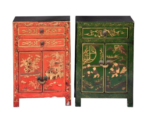 Two 20th century Chinese painted bedside tables, one with two drawers in red and gold with a meandering butterfly border and 