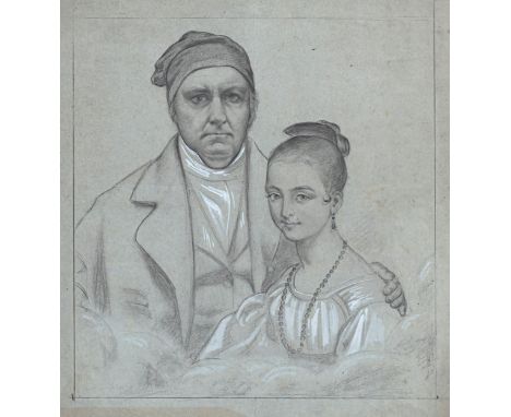 19th century English School Portrait of a father and daughter, pencil, heightened with white on tinted paper, reproduction be