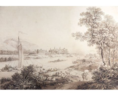 Adrian Ludwig Zingg (Swiss, 1734-1816) Schloss Pillnitz on the river Elbe, Dresden, outline etching with brown wash on wove p