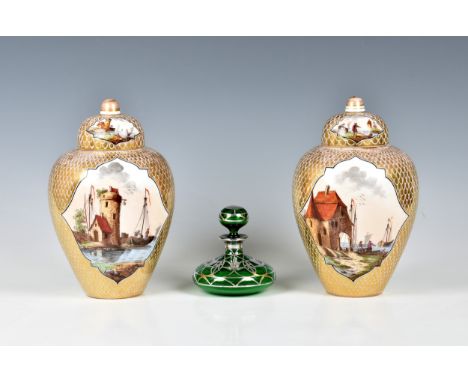 An Art Nouveau green glass silver overlay scent / perfume bottle 4in. (10.2cm.) high; together with a pair of 20th century Dr