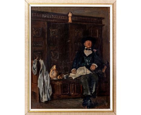 Alfred George Wright (British, 1875-1951), A Gentleman asleep against a Breton Lis Clos, Oil on board, signed "Alfred G. Wrig