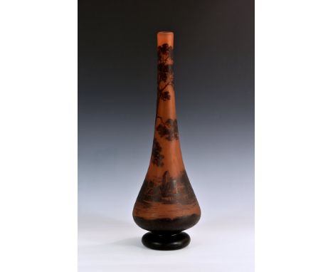 A very large Loetz 'Richard' cameo glass vase of elongated teardrop form with a bun form foot, dark purple on orange streaked