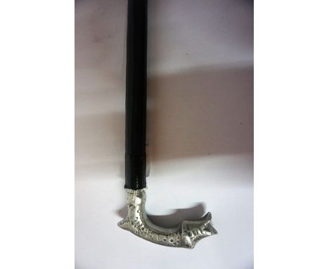 A Sword Stick, circa early 20th century, with a pewter dolphin head handle, blade 62cm long, with ebonised scabbard