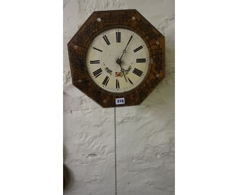 A Victorian Wag at the Wa Clock, with two brass weights, also with a Reproduction banjo barometer, (2)