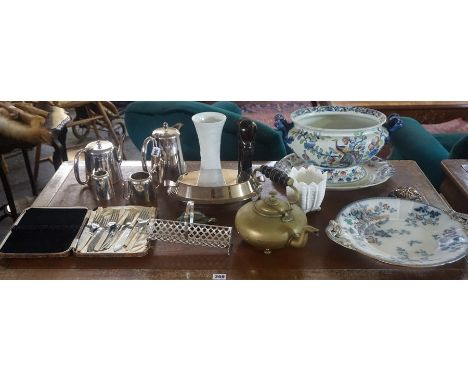 A Quantity of Victorian Pottery and Silver Plated Wares, To include a large tureen on stand, a four piece hotel tea set, an e