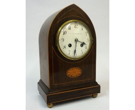 An Edwardian Mahogany Inlaid Lancet Form Mantel Clock by Mappin &amp; Webb, The twin train white enamel dial having Roman num