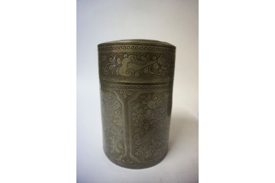 Two Chinese Pewter Cylindrical Tea Caddy S With Covers Circa Early 20th Century Decorated With