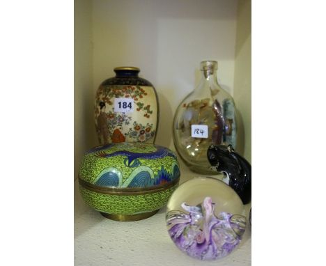 A Quantity of Porcelain and Glass, To include a Japanese satsuma vase, a Cloisonne jar with cover, three Selkirk glass paperw