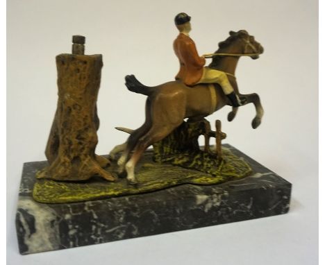 A Cold Painted Spelter Table Vesta, Modelled as a hunting scene, raised on a marble effect plinth, 13cm high