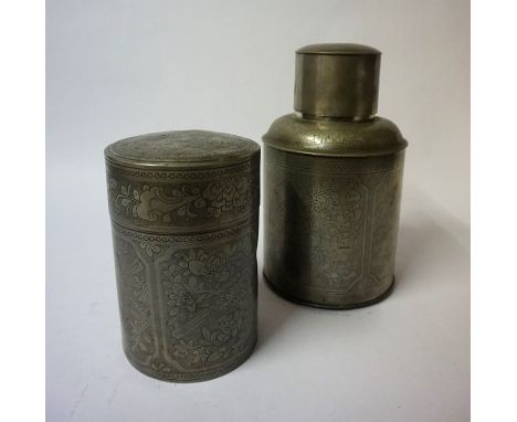 Two Chinese Pewter Cylindrical Tea Caddy,s with Covers, circa early 20th century, Decorated with allover foliate panels, char