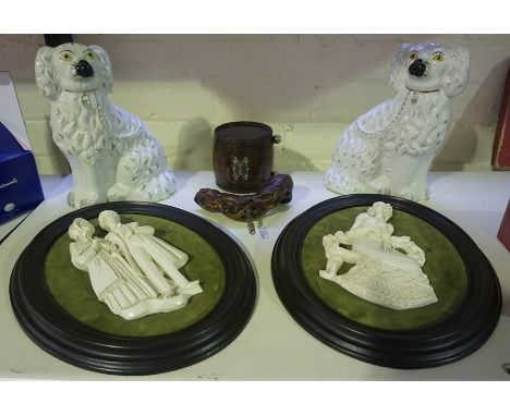 A Mixed Lot of Collectables, Comprising of a pair of wally dugs, an oak tea caddy, corkscrew, and a pair of Reproduction wall