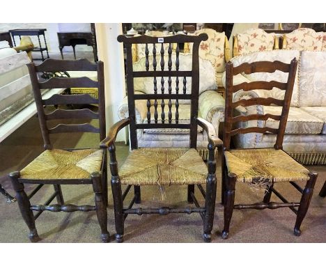 Three Assorted Rush Seated Chairs, circa early 20th century, comprising of a spindle back elbow chair and two ladder back cha