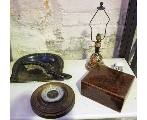 A Small Mixed Lot of Collectables, To include a wall barometer, a maple style box, table lamp and a crumb tray with brush, (5