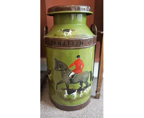 A Dumfries Milk Churn for Carnation Milk, No 9910, Decorated with painted panels of hunting scenes on a green ground, 68cm hi