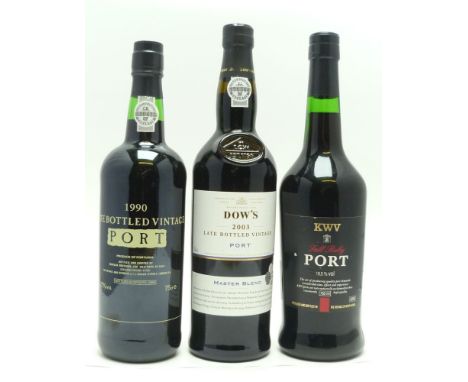 DOW'S 2003 LBV port, 1 bottle KWV 1995 Full Ruby port, 1 bottle 1990 LBV port, bottled Oporto, 1996, 1 bottle (3) 