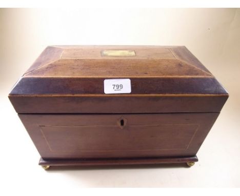 A 19th century mahogany tea caddy with satinwood stringing and brass cornucopia handles, 32cm wide