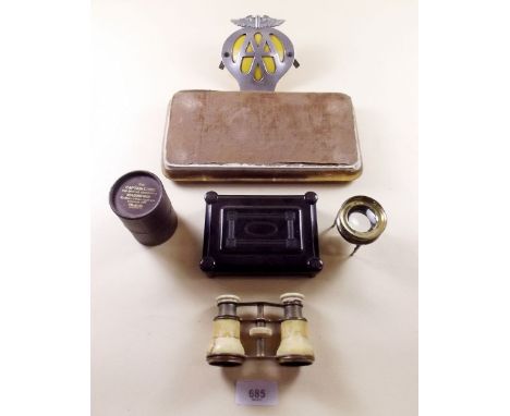 A group of collectables including opera glasses, magnifying lens, clock stand and AA badge etc