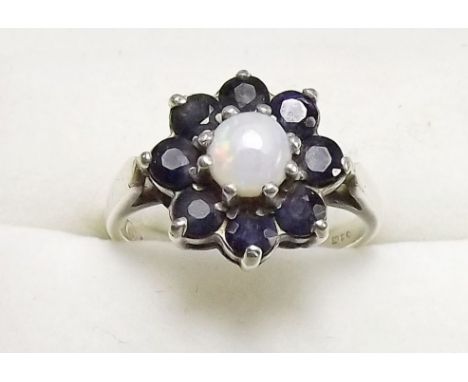 A silver opal and sapphire cluster ring, size M