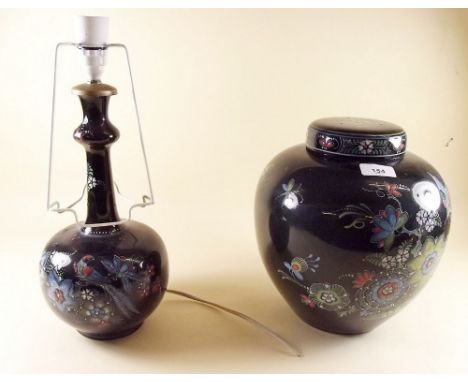 A large Delft De Porceleyne Fles black floral ginger jar and a matching table lamp decorated in the oriental manner - the gin