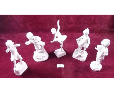 A set of five Royal Worcester figures for days of the week and months of the year - one with chip to hand, all in the white a