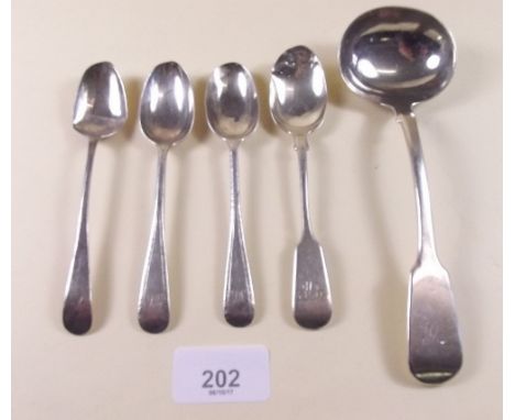 A silver sauce ladle 17.6cm and four various silver teaspoons, 145g total