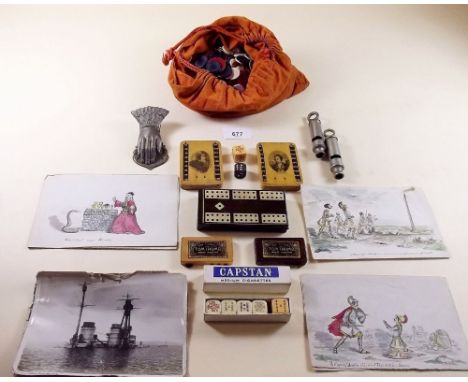 Two Mauchline Ware Bezique markers, a whist marker, cribbage board and quantity of games counters etc, five small comical wat