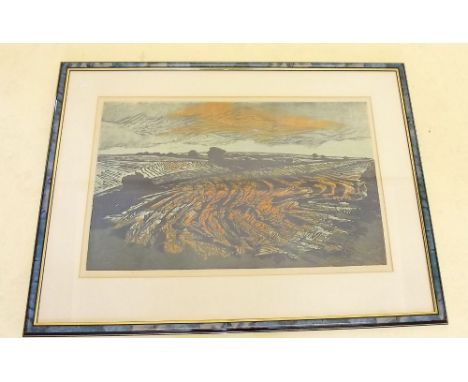 Gertrude Hermes RA - wood cut 'Burning Stubble 15/50', signed in pencil and dated 1968 - 70.5 x 44cm
