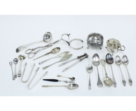 Collection of Epns spoons, grape scissors, nut cracks, salts, sauce ladle and a a silver cup holder and four silver teaspoons