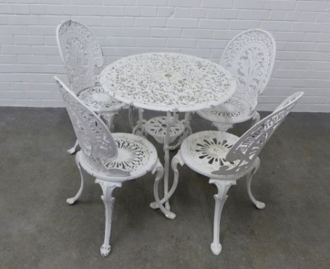 White painted metal garden table and set of four chairs. 65 x 72cm. (5) 