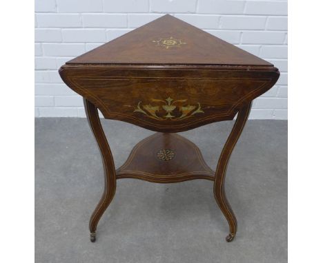 Edwardian inlaid envelope table with undertier, raised on tapering legs with ceramic castors, 71 x 70cm. 