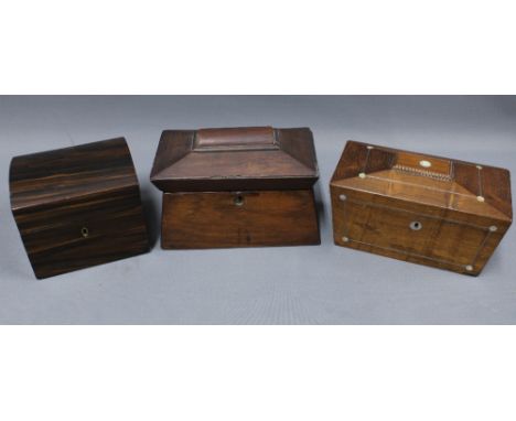 Three 19th century tea caddies to include two rosewood and one mahogany caddy. largest 22cm long (3) 
