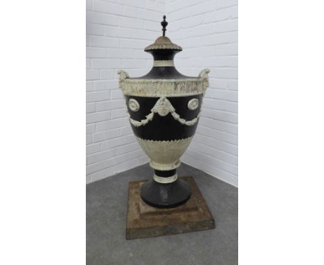 Neoclassical cast iron garden urn patio / greenhouse heater, likely Scottish, painted black and white on a square base. 100cm