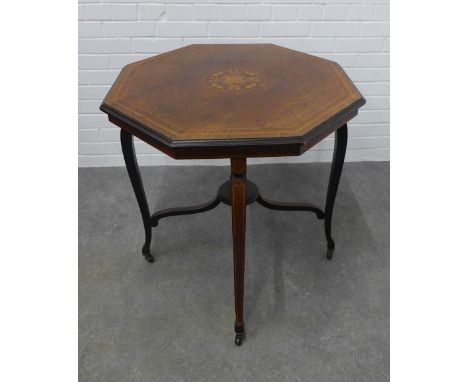 Edwardian rosewood and satin inlaid table, octagonal top on cabriole legs with circular undertier with an urn finial, on cera