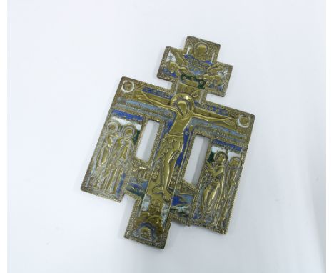 Russian brass and enamel crucifix, 16cm 