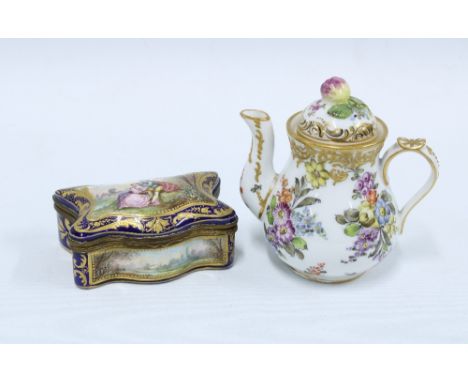 Continental porcelain trinket  box and cover, the hinged lid decorated with a courting couple, with Sevres style backstamp,  