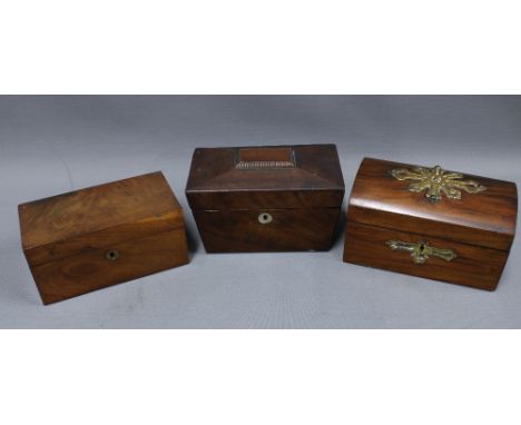 Three 19th century tea caddies to include a brass mounted mahogany caddy and two others, largest 21cm long (3) 