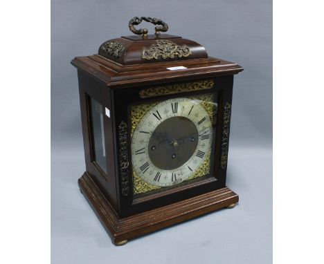 Mahogany caddy top mantle clock, silvered dial by Goldsmiths and Silversmiths Company, London, 42cm high excluding handle 