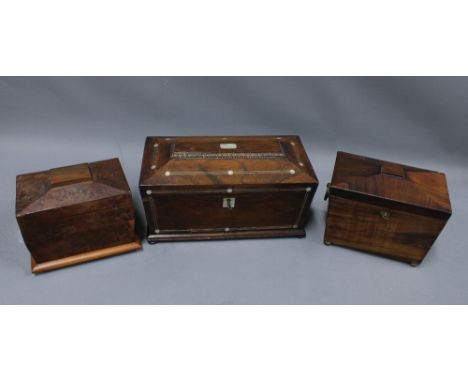 Three 19th century tea caddies to include two rosewood and one burrwood caddy. largest 31cm long (3) 
