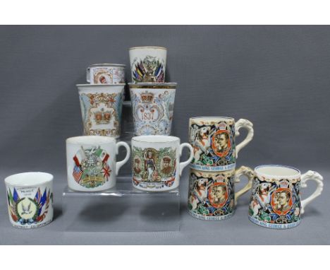 Three Dame Laura Knight Kind George mugs, two Victorian Jubilee enamel beakers for 1837 and 1897 and a selection of WWI comme