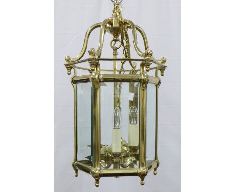Hexagonal brass and glass panelled lantern light fitting, 34 x 67cm 