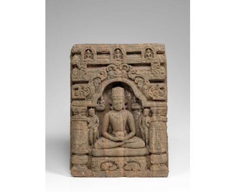 SandstoneIndia , 12th century   Dimensions: Height 49 cm Wide 39 cm Depth 9 cmWeight: 28 Kg Stone fragment of Buddha Amitabha