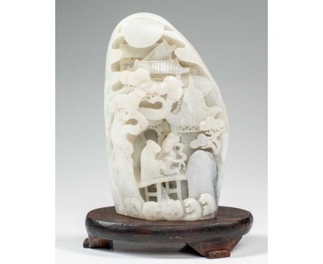 JadeChina Dimensions: Height 18 cm Wide 11 cm Depth 4 cm without base Weight: 1019 grams without base A white jade carving in