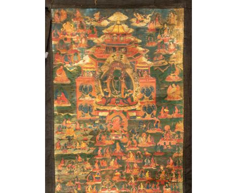 Distemper on clohTibet , 18th century Dimensions: Height 80 cm Wide 56 cm  Green Tara sits on a multi-coloured lotus seat in 