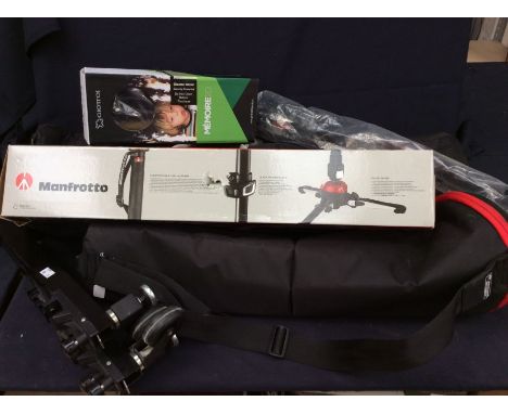 A collection of film and video tripods comprising Manfrotto 055 plus MVH500AH fluid video head, Manfrotto XPRO monopod video 